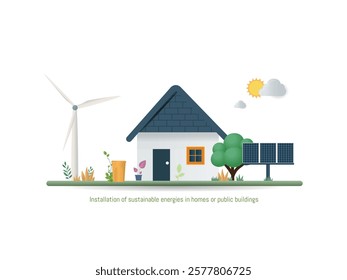 Illustration of a house with solar panels and wind turbine, representing the use of renewable energy and sustainability in buildings.