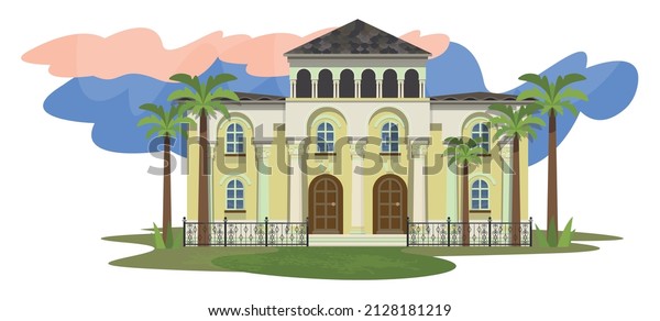 Illustration\
with a house in the Spanish-Moorish\
style.