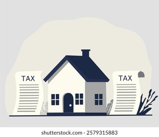 An illustration of a house surrounded by tax documents, symbolizing property taxes, financial obligations, or real estate taxation