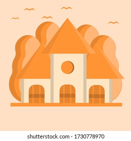 
illustration of house and surrounding trees, flat style