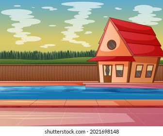 Illustration eines Hauses mit Schwimmbad