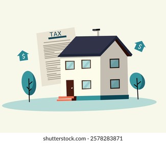 Illustration of a house with tax documents and dollar signs, representing property tax, real estate investment, and financial obligations.