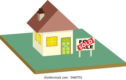 illustration of a house that has been sold with a sign in the garden