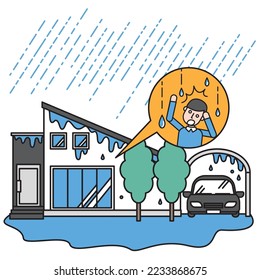 It is an illustration of a house that is leaking due to heavy rain and a resident who is in trouble.