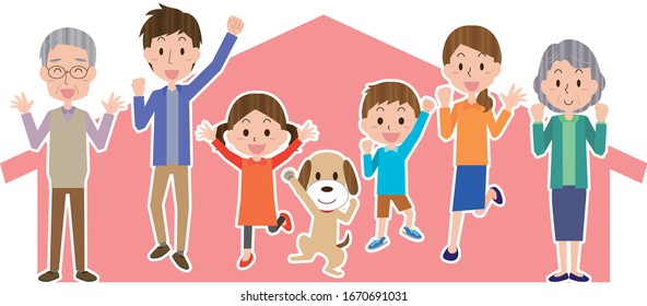 Illustration Of A House With Three Generations Family And Pets