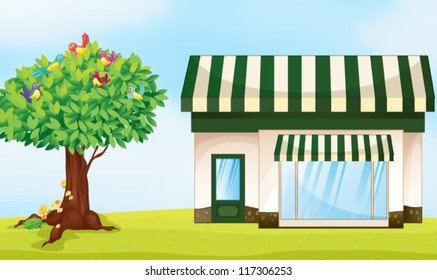 illustration of a house and a tree in a beautiful nature