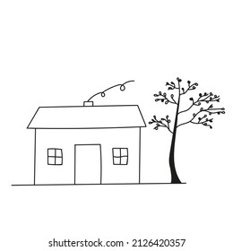 Illustration of a house with a tree isolated on a white background for a coloring book