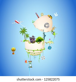 illustration of house with tree and statue of liberty in broken egg shell