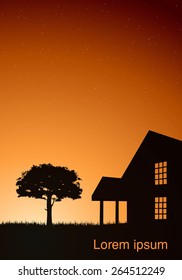 illustration of a house with a tree at sunset