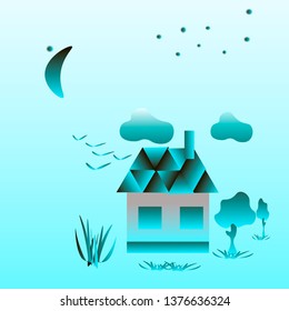 illustration of house trees grass clouds moon sky blue tones vector graphics