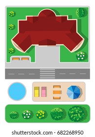 Illustration of a house, trees, sun beds, flowers, bushes, road, swimming pool for General plans.