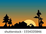 illustration of a house and trees at sunset. landscape scenery at dusk.