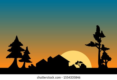 illustration of a house and trees at sunset. landscape scenery at dusk.