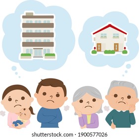 Illustration of a house. Two families are wondering whether to buy a house or an apartment.