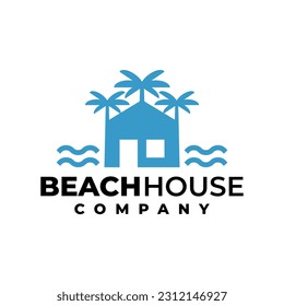 illustration of a house and a two palm trees for logo related to house, hotel, resort and a beach.