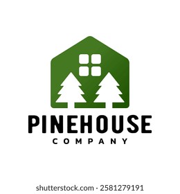illustration of a house with two pine trees. pine house logo template. logo for nature resort or real estate company.