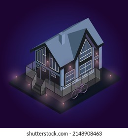 Illustration of the house. Two-storey house with large windows in isometric angle at night. Lanterns are burning around the house, bike stands near the house.