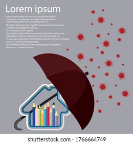 illustration of house with umbrella above it while corona virus or covid-19 falling from the top perfect for insurance company and security. 