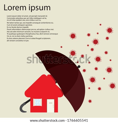 illustration of house with umbrella above it while corona virus or covid-19 falling from the top perfect for insurance company and security. 