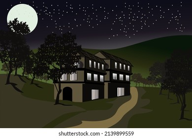 illustration of a house under a green mountain. night scene with moon and stars