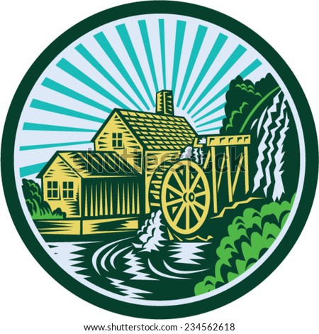 Illustration of a house with watermill falls river set inside circle with sunburst in the background done in retro woodcut style. 