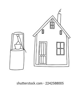 Illustration of a house and a well isolated on a white background for a coloring book