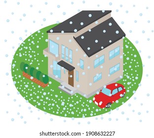 Illustration of a house where hail is piled up. 