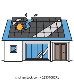 It is an illustration of a house where the solar panel installed on the roof is damaged.