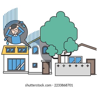 It is an illustration of a house where the tree of the neighboring house protrudes and is shaded and a resident who is in trouble.
