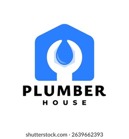 illustration of a house with a wrench shape and water drop shape. logo template for plumbing company. plumber logo.