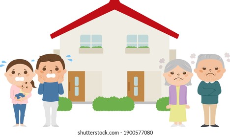 Illustration of the house. The young couple is in trouble. Elderly couples are angry about living together.