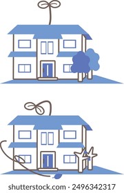 Illustration of a house with young leaves sprouting and a house in decline