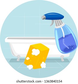 Illustration of Household Chores, Cleaning Bath Tub with Soapy Sponge and Cleaner in Spray Bottle