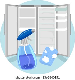 Illustration of Household Chores, Cleaning Refrigerator with Soapy Sponge and Cleaner in Spray Bottle