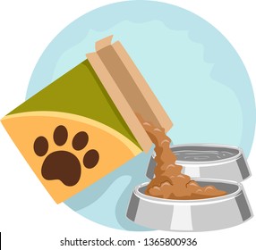 Illustration of Household Chores, Feeding Pet. Pouring Pet Food on Container