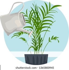 Illustration of Household Chores, Watering Indoor Plant Using Watering Can
