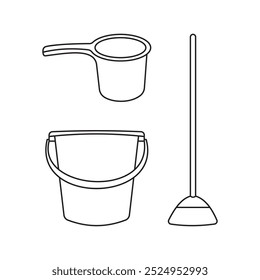 illustration of household tools such as bucket, bailer and broom