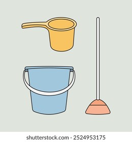 illustration of household tools such as bucket, bailer and broom