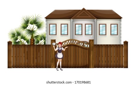 Illustration of a housemaid in front of the big house on a white background