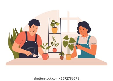 Illustration of houseplants care concept. Man and woman taking care of potted plants. Illustration for websites, landing pages, mobile apps, posters and banners.