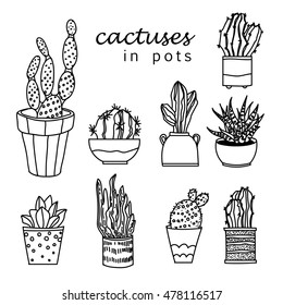Illustration of houseplants, indoor and office plants in pot.Set of house plant isolated. Vector linear house plant pot illustration. 