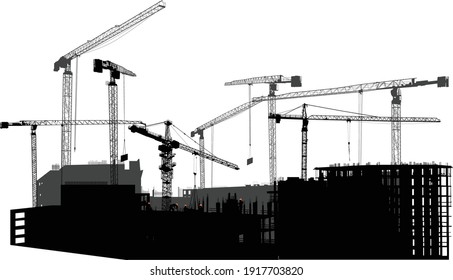 illustration with houses building and cranes isolated on white background