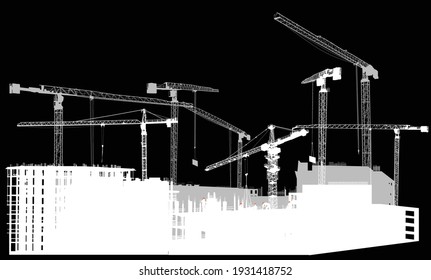 illustration with houses building and cranes isolated on black background