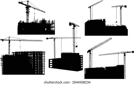 illustration with houses building and cranes isolated on white background