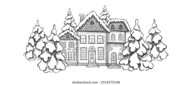Illustration of houses. Christmas Greeting card. Set of hand drawn buildings. 