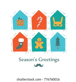 Illustration with houses with Christmas tree and gifts, sweets, with the phrase season's Greetings. Ideal for Christmas printing and design social networks. Invitations, posters, postcards, banners.