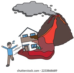 It is an illustration of houses damaged by an eruption and residents fleeing.
