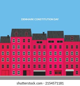 Illustration of houses in Denmark with paint colors forming the national flag of Denmark. Constitution of Denmark, Danish Flag. National day of Denmark