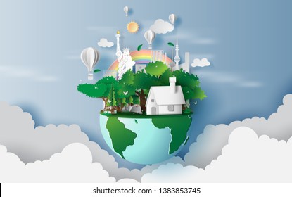 illustration of houses in green forest,Creative design world environment earth concept idea.Landscape Cityscape life in green nature plant area New York City. Paper cut and craft style.Balloon.vector