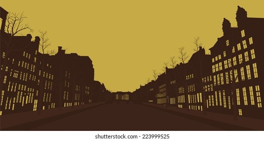 Illustration, houses and the river in the old city.